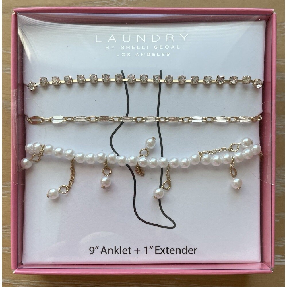 Laundry By Shelli Segal Rhinestone Faux Pearl Gold Tone Anklet  9 Inch + 1” Ext